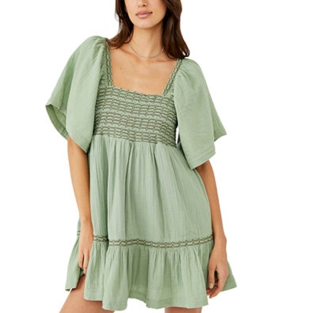 Free People Dahlia Mini Dress Sage Green Smocked Gauze Boho Flutter‎ Sleeve S